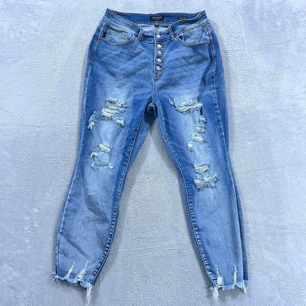 Judy Blue Jeans Womens 14W Skinny Fit High Rise Stretch Distressed Fringed Hem
